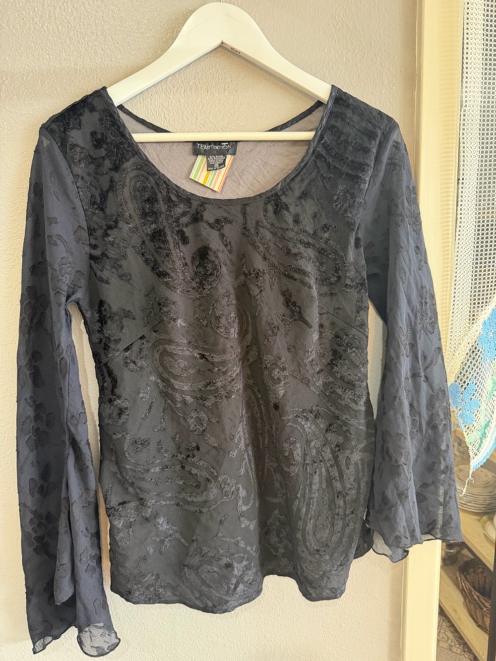 Temptations Black Sheer Burnout Paisley Long-Sleeve Blouse